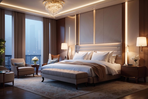 Luxury hotel bedroom illuminated by modern lamps