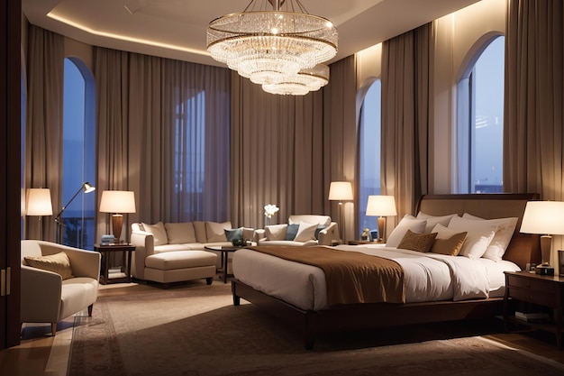 Luxury hotel bedroom illuminated by modern lamps