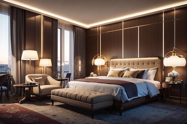 Luxury hotel bedroom illuminated by modern lamps