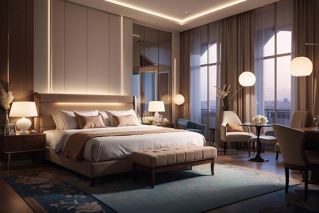 Luxury hotel bedroom illuminated by modern lamps