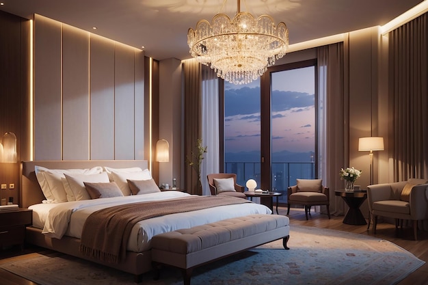 Luxury hotel bedroom illuminated by modern lamps