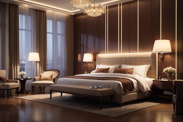 Photo luxury hotel bedroom illuminated by modern lamps