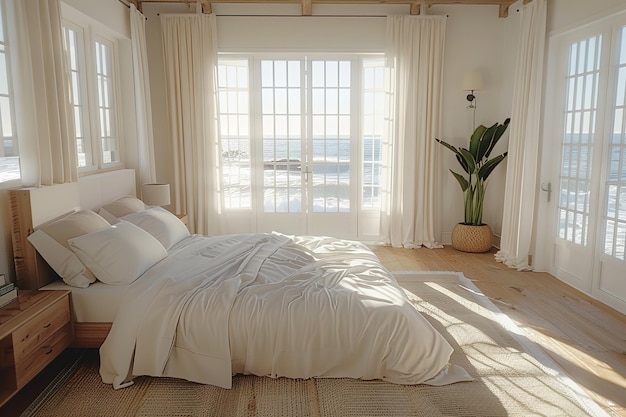 Luxury hotel bedroom interior with big bed and potted plant near a window
