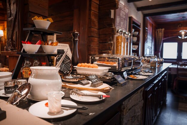 Luxury hotel breakfast buffet setup zermatt switzerland