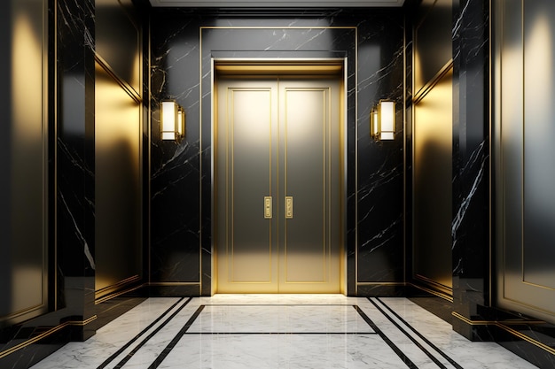 Вестибюль лифта роскошного отеля с золотым металлом и мраморным полом