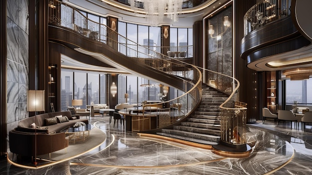 Photo luxury hotel lobby interior with marble staircase and modern furniture