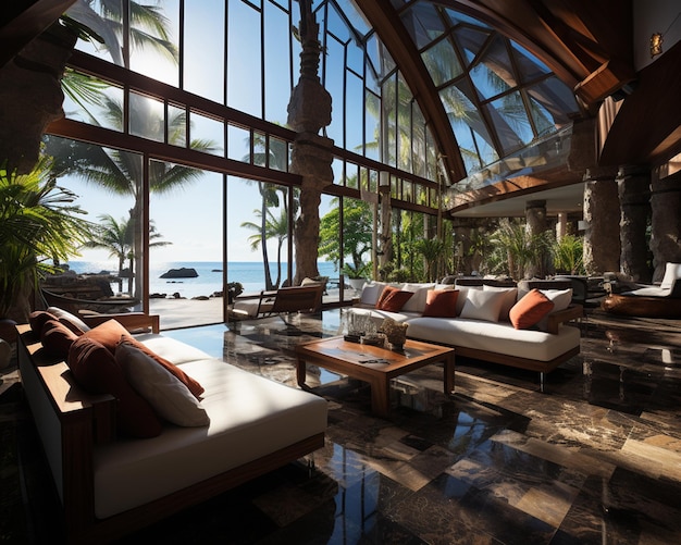 Luxury hotel lobby sea view coconut trees tropical