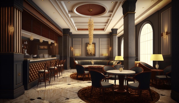 Luxury hotel reception hall and lounge restaurant building interior design illustration concept