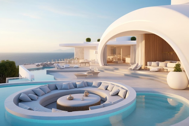 Luxury hotel resort with swimming pool Lounge zone in villa with modern exterior made of white stone Created with Generative AI
