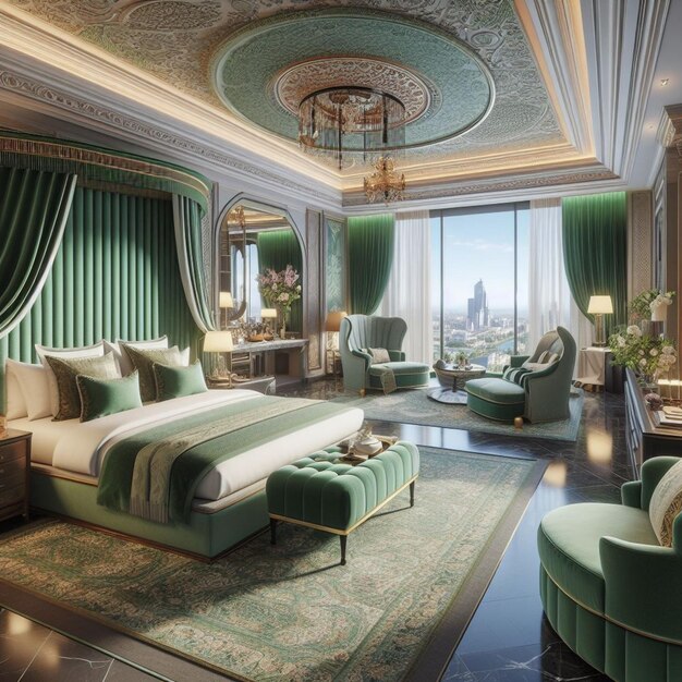 Luxury hotel room bedroom 3d rendering AI