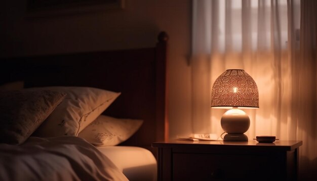 Luxury hotel room illuminated by modern lamp generated by AI