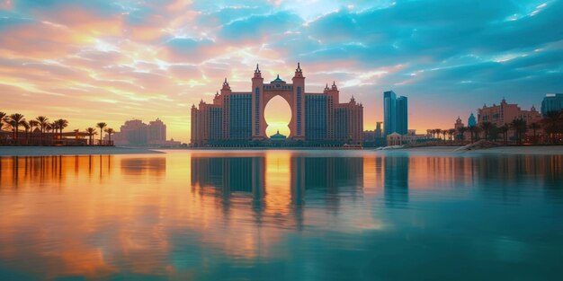 Luxury hotel in the shape of a sail at sunset