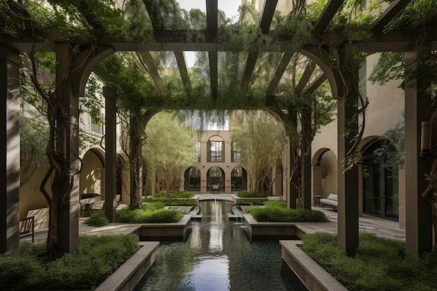 Luxury hotel with elegant pergola surrounded by lush greenery and water features