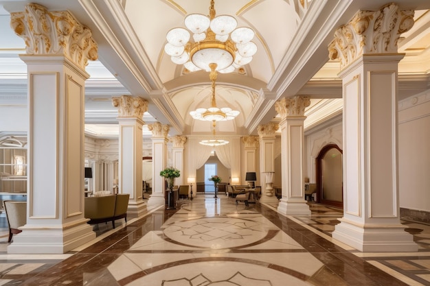 Роскошный отель с величественными деталями экстерьера и интерьера, созданными с помощью генеративного искусственного интеллекта
