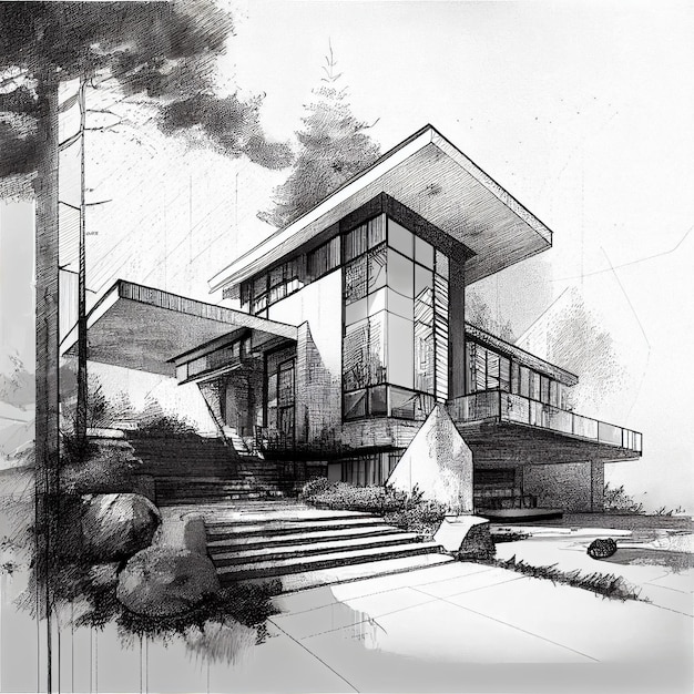 Luxury house architecture drawing sketch plan blueprint