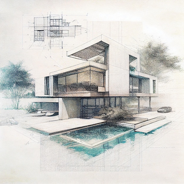 Luxury house architecture drawing sketch plan blueprint