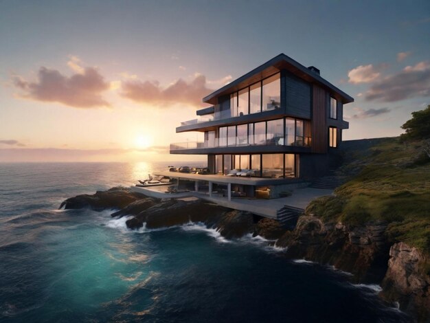 Foto casa di lusso su una scogliera al tramonto 3d rendering