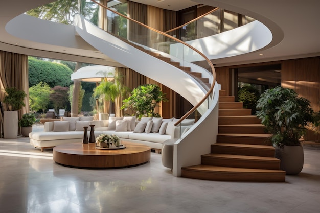 Luxury house interior with spiral staircase hallway in modern villa generative AI Concept of contemporary home design of mansion