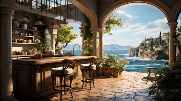 Luxury house kitchen Interior near sea