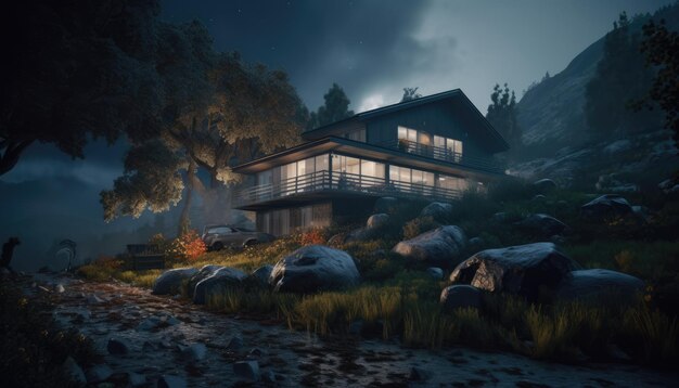 Luxury house in the mountains 3D rendering of a mountain chalet in the forest at night