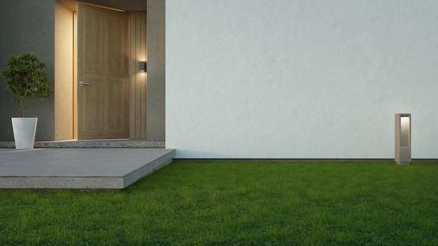 Foto casa di lusso con muro di cemento e porta d'ingresso in legno dal design moderno