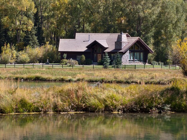 Luxury house with lake in Rocky Mountains.