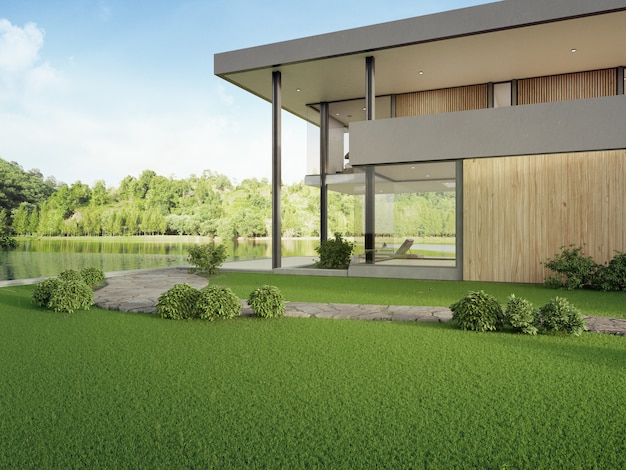 Роскошный дом с бассейном с видом на озеро и террасой в современном дизайне.