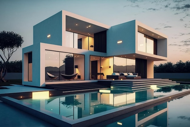 Luxury house with pool illuminated by sunset. House and home has the infinite pool. Generative AI