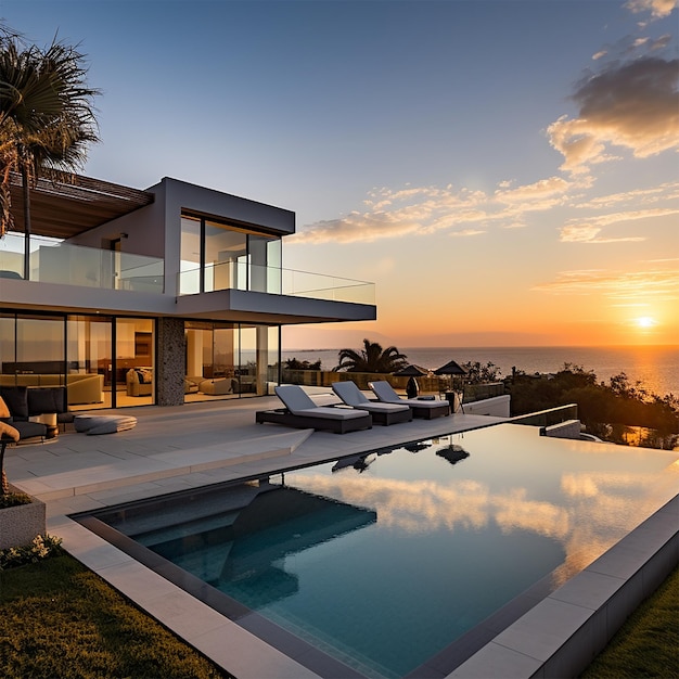 Luxury house with a pool at sunset generated by AI