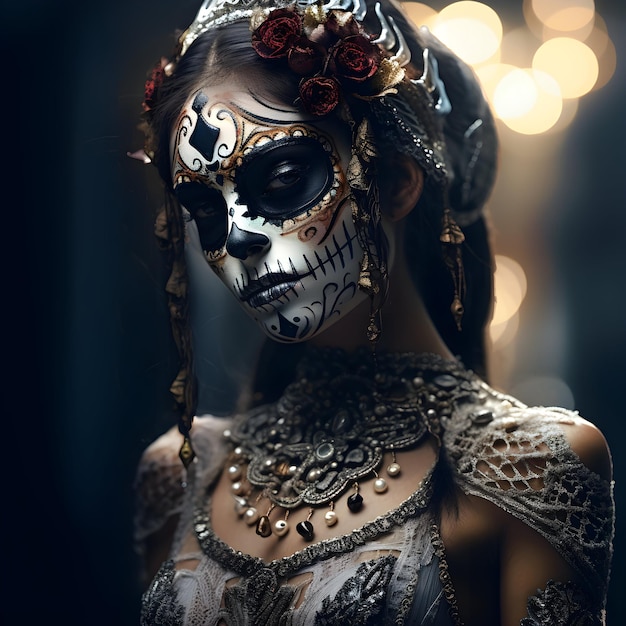 Foto immagine di lusso della donna il giorno dei teschi dei morti il giorno dei morti halloween con dipinto sul suo viso