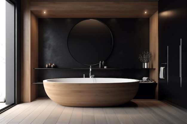 Luxury interior bathtub modern design home wood furniture bathroom designer black Generative AI