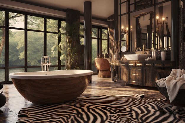 Photo luxury interior of big bathroom at modern african style with oval bathtub in natural lighting