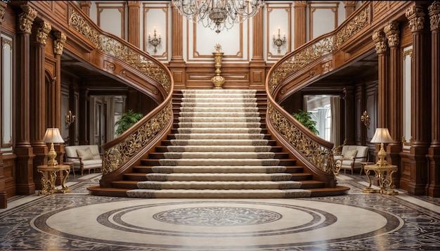 계단과 함께 고전적인 궁전의 럭셔리 인테리어 3d 렌더링