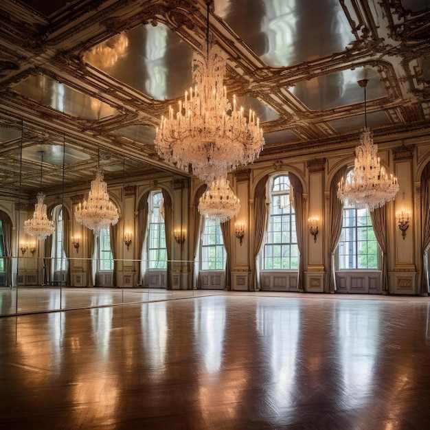 Luxury interior of a classic room with large windows and parquet