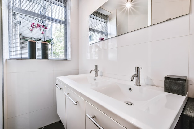 Luxury interior design of a bathroom with marble walls