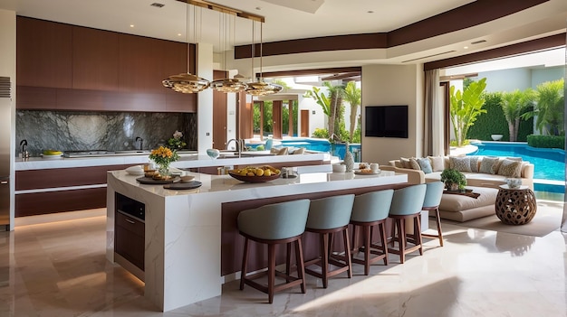 Luxury interior design pool villa in kitchen area whith feature island counter