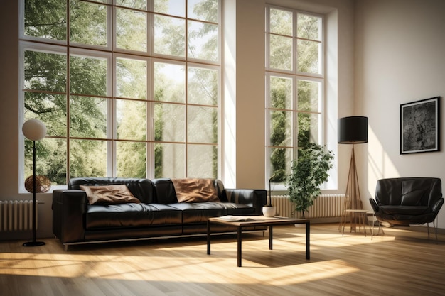 Luxury interior design of a spacious open space living room with leather coaches and big windows