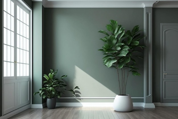 Luxury Interior Design Sunlit Sage Green Wall Accompanied by a Lush Tropical Tree in a Modern White Pot Resting on Wooden Parquet with Baseboard Accents Generative AI