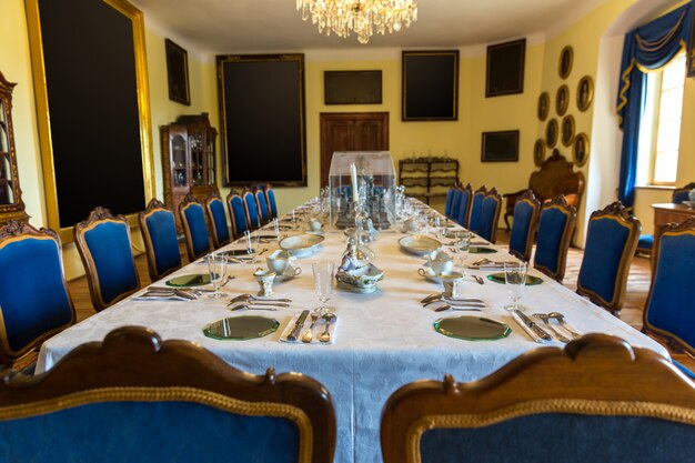 Luxury interior of dining room, Europe museum, nobody. Old european architecture and style, famous places for travel and tourism