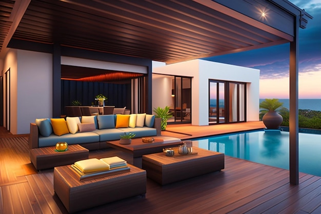 Luxury interior and exterior design pool villa with living room