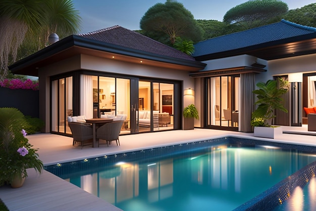 Luxury interior and exterior design pool villa with living room