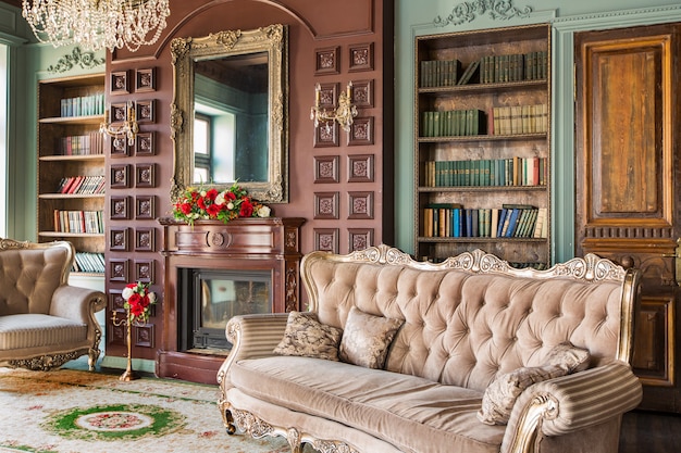 Luxury interior of home library. Sitting room with elegant furniture