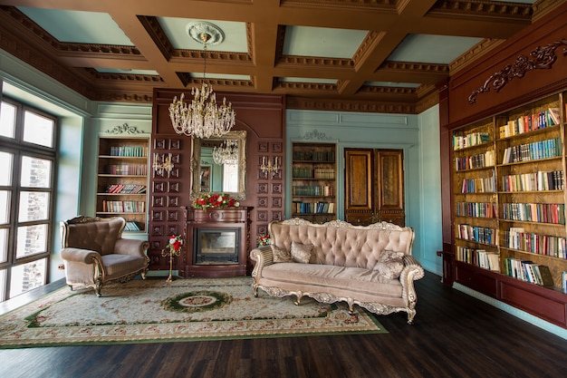 Luxury interior of home library. Sitting room with elegant furniture