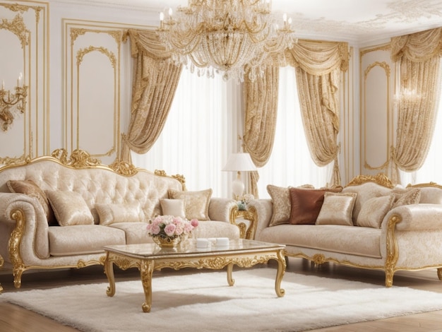 Роскошный интерьер гостиной с золотой мебелью