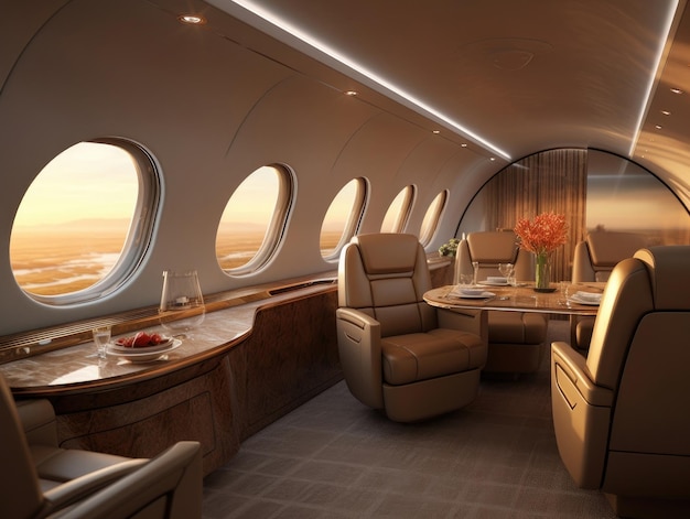 In the luxury interior of the modern private business jet with leather seats and tables sunlight shines through windows Generative AI