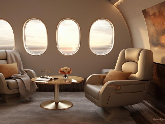 In the luxury interior of the modern private business jet with leather seats and tables sunlight shines through windows Generative AI