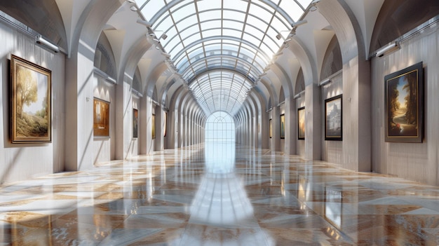 Фото Роскошный интерьер современного музея перспектива пустого зала с блестящим мраморным полом и картинами на белых стенах концепция художественной выставки