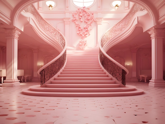 분홍색 기둥과 분홍색 빈티지 홀의 럭셔리 인테리어 3d 렌더링 발렌타인 스타일