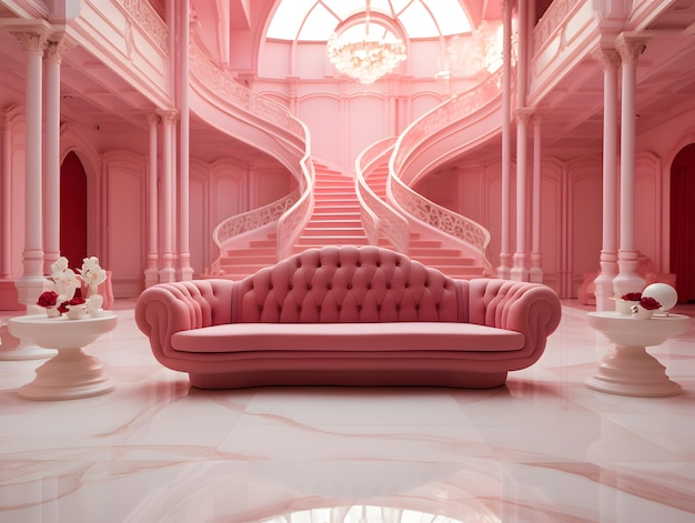 Роскошный интерьер розового винтажного зала с розовыми колоннами в стиле Валентина