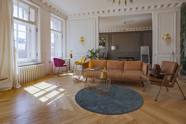 Luxury interior of a spacious apartment in an old 19th century historical house with modern furniture. high ceiling and walls are decorated with stucco